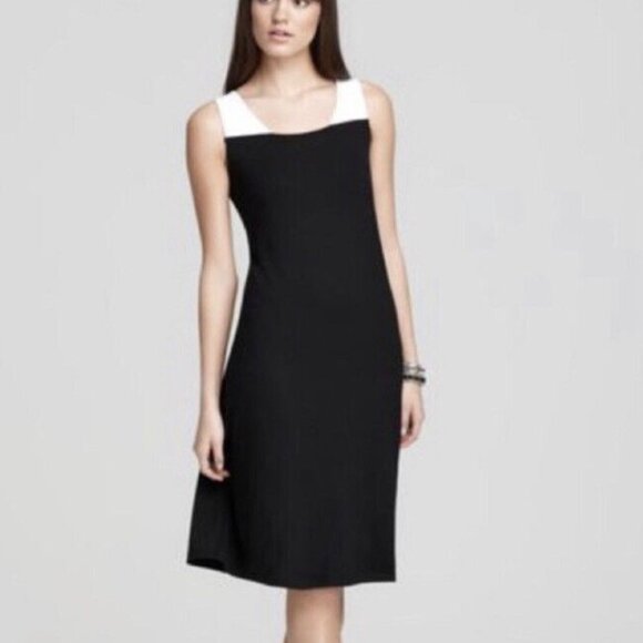 EILEEN FISHER S Black & White Color Block Cut Out Shift Dress Sleeveless Rayon - Picture 1 of 8